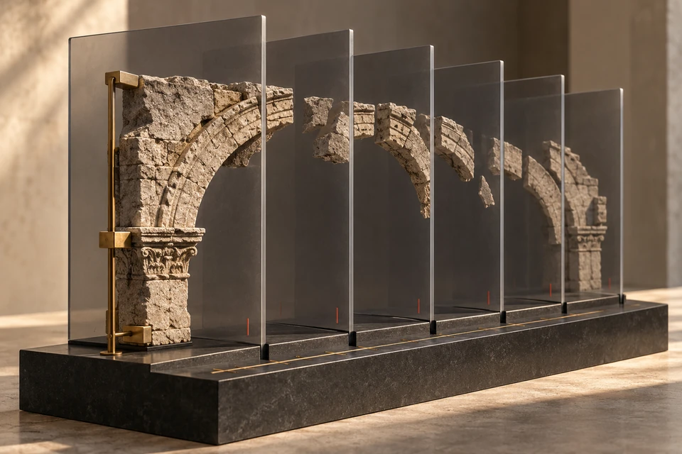 Frammenti di un arco conservati su piani distinti, allineati in una ricostruzione incompleta.