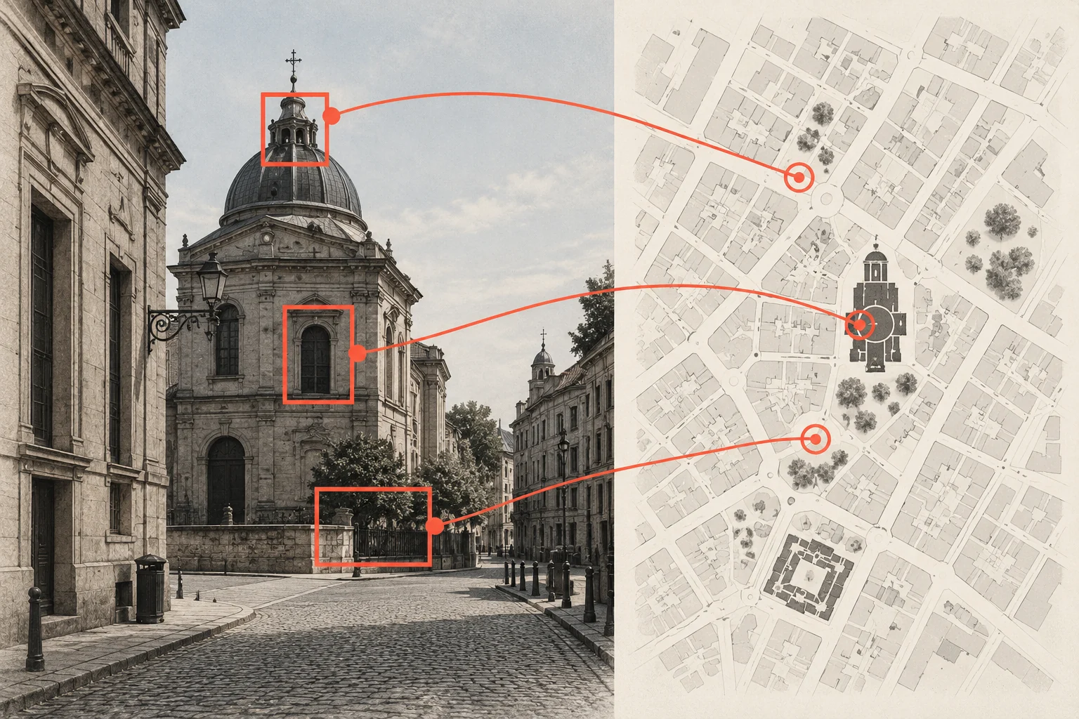 GeoSpy AI: Fotografia → Indizi visivi → Luoghi candidati. Illustrazione concettuale.