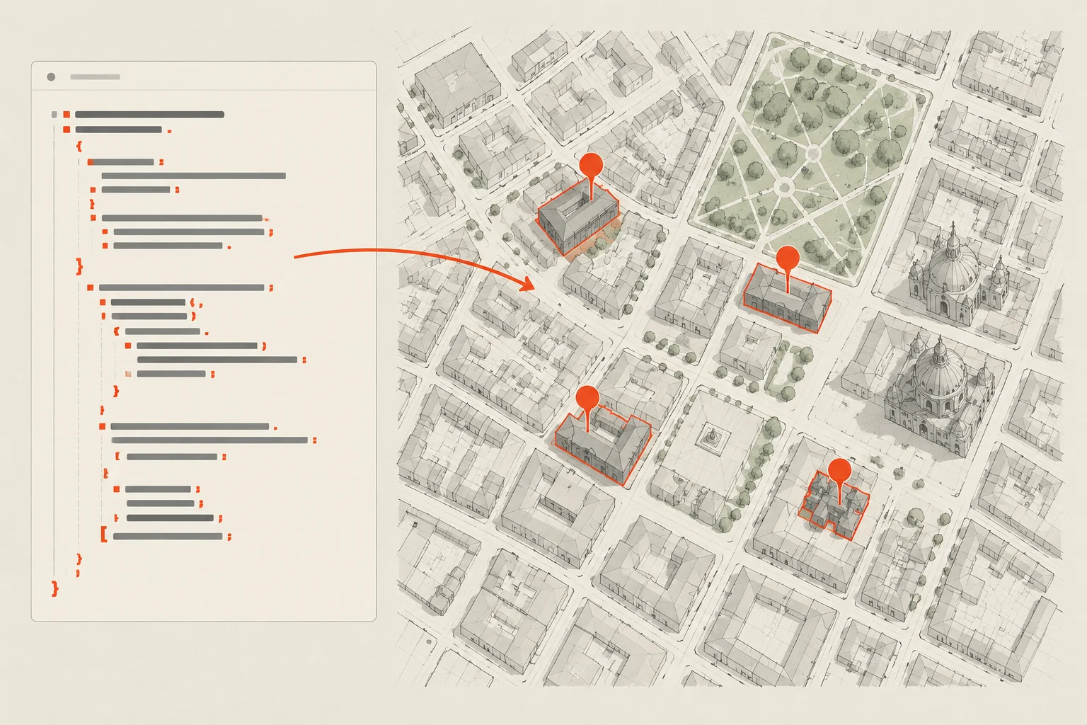 Overpass Turbo: Area e tag OSM → Query Overpass → Oggetti sulla mappa. Illustrazione concettuale.