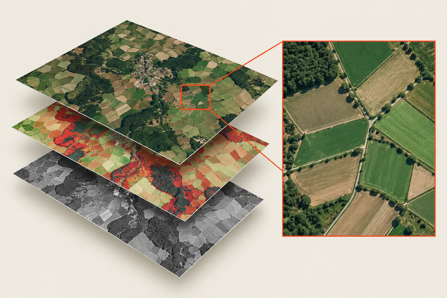 Sentinel Hub: Area e intervallo → Bande e indici → Immagini confrontabili. Illustrazione concettuale.