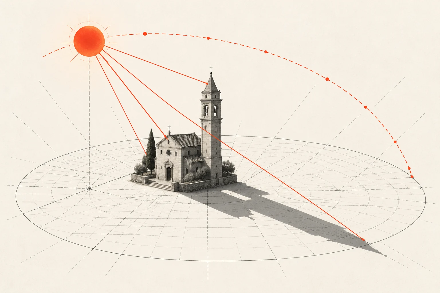 SunCalc: Luogo e data → Azimut e altezza → Direzione ombra. Illustrazione concettuale.