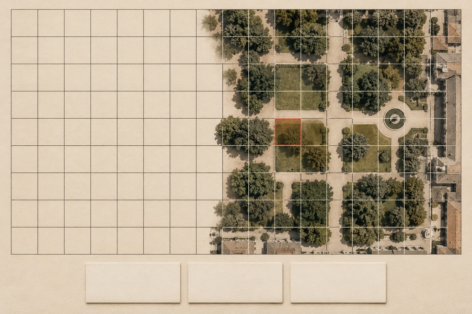 What3Words: Punto sulla mappa → Cella di 3 × 3 m → Indirizzo in parole. Illustrazione concettuale.